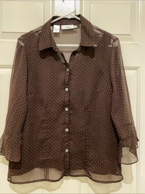Naomi Brown Sheer Button-Down Blouse with Pink Polka Dots